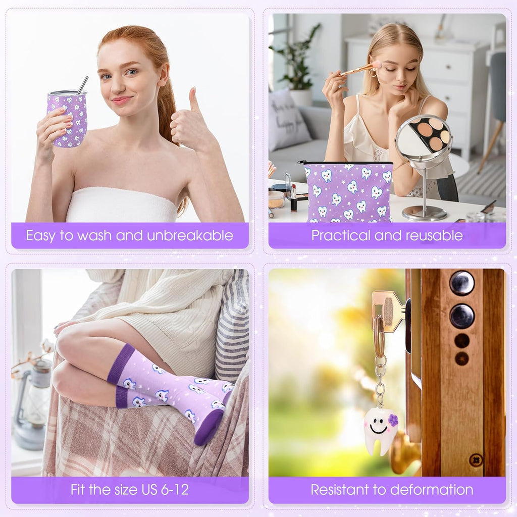 Sliner 4 Pcs Dental Assistant Gifts Set 12 oz Purple Teeth Stainless Steel Tumbler Cosmetic Bag Tooth Shape Keychain Novelty Tooth Sock Dental Hygienist Gifts for Nurse Dentist Christmas Graduation