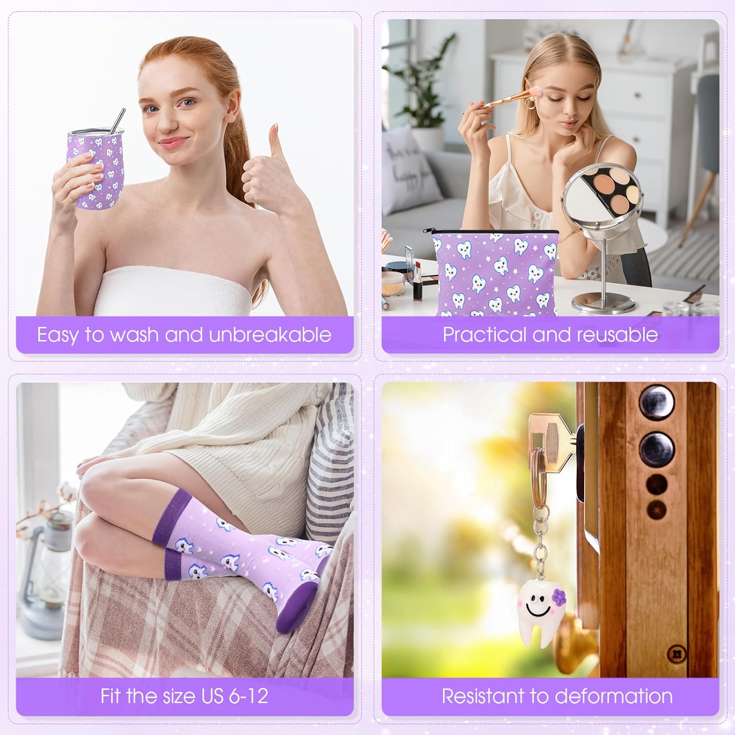 Sliner 4 Pcs Dental Assistant Gifts Set 12 oz Purple Teeth Stainless Steel Tumbler Cosmetic Bag Tooth Shape Keychain Novelty Tooth Sock Dental Hygienist Gifts for Nurse Dentist Christmas Graduation