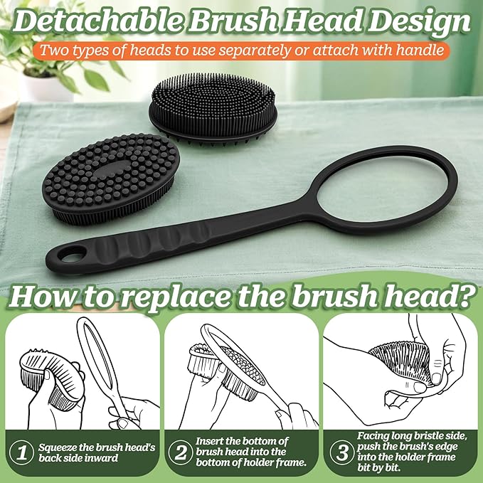 Silicone Face & Back Scrubber Set, Manual Face & Body Scrubber Exfoliator with Soft Bristles and Non-Slip Handle, Back Brush Bath Brush with 2 Detachable Brush Heads(3PCS Green Set)