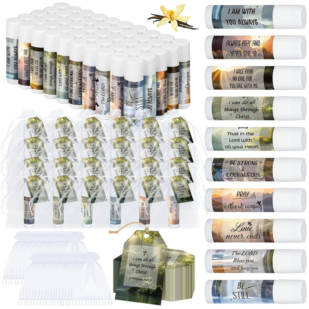 50 Sets Lip Balms Christian Gifts for Women Religious Scripture Bible Verse Inspirational Motivational Small Thank You Gift for Church Coworker Birthday Teacher 10 Styles Vanilla Flavor