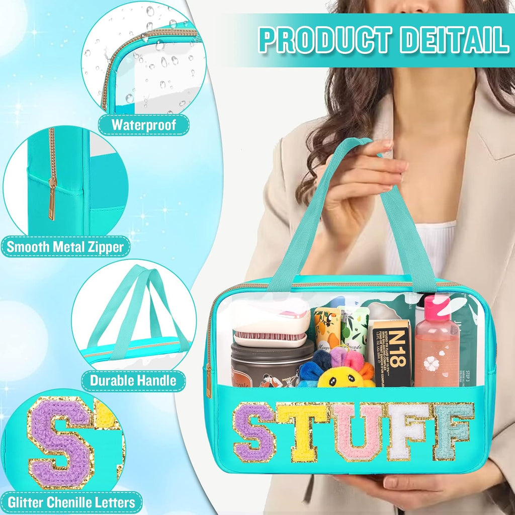 Preppy Clear Stuff Makeup Bags with Chenille Letter Patches, Travel Essentials Large Clear Make up Bag Zipper Pouch with Handle, Waterproof Nylon Cosmetic Toiletry Storage Tote for Women (STUFF-Green)