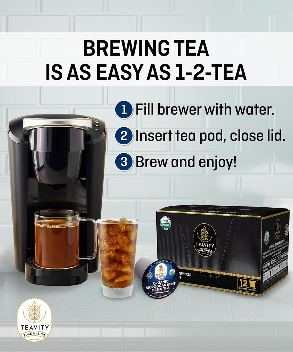 Organic Moroccan Mint Tea and Green Tea Pods for Keurig - Caffeinated Unsweet Tea for K Cup Brewing by Teavity (12 Tea Pods)
