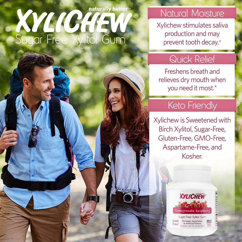 Xylichew 100% Xylitol Chewing Gum - Non GMO, Non Aspartame, Gluten Free, and Sugar Free Gum - Natural Oral Care, Relieves Bad Breath and Dry Mouth - Pomegranate Raspberry, 60 Count