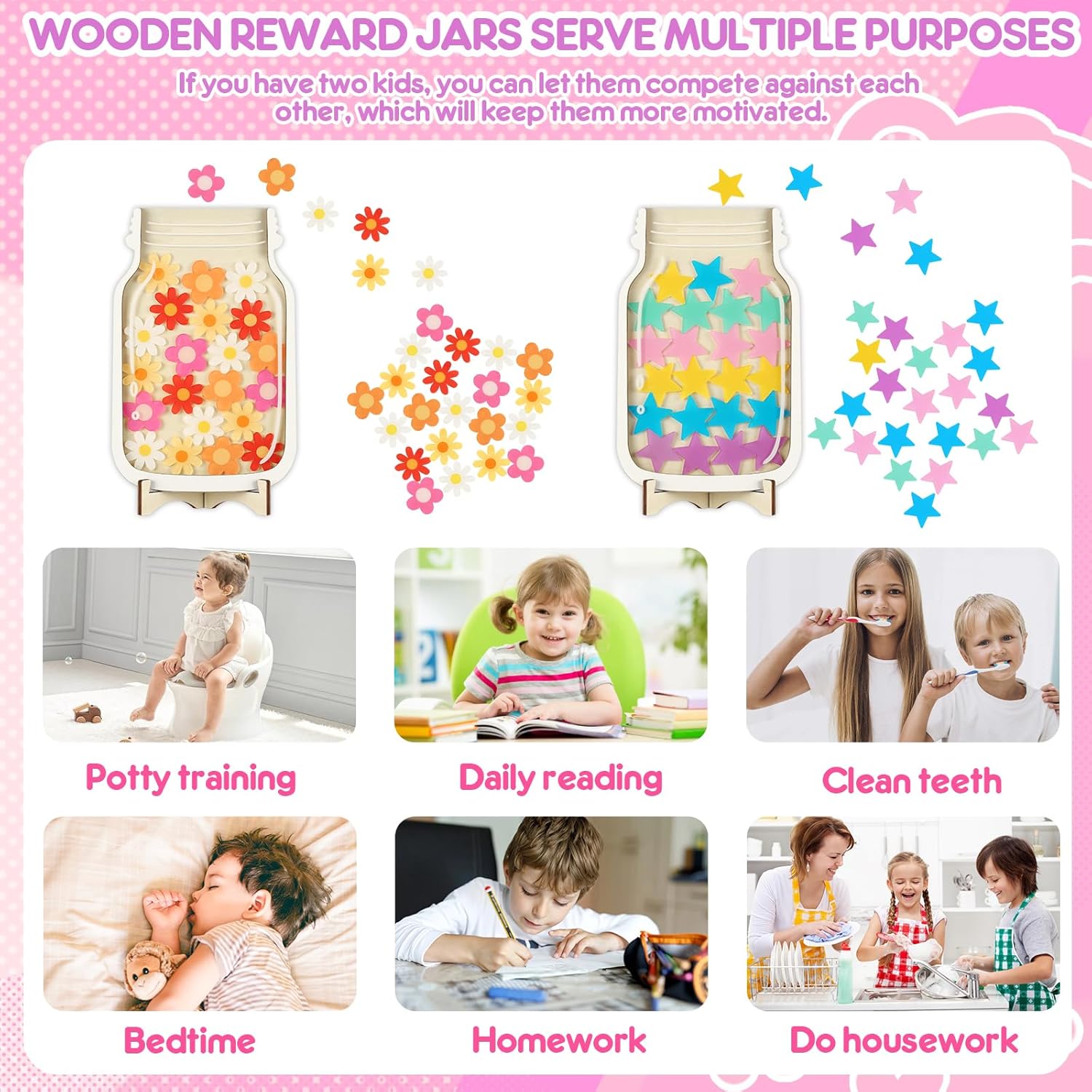2 Pack Reward Jar for Kids Star and Flowers Reward Jar Magnetic Reward Jar for Classroom Toddlers Potty Training Reward Home Kids Incentive Good Home Training for Boys Girls,Star+Flowers