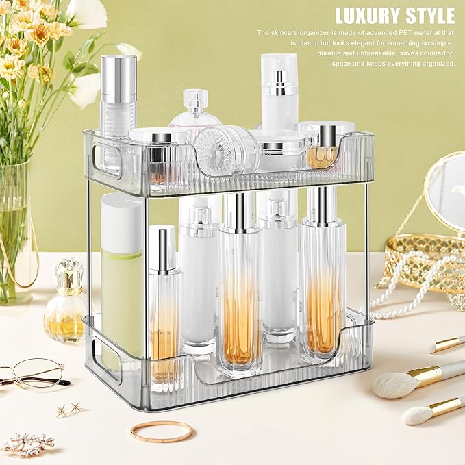 2-Tier Bathroom Counter Organizer Countertop Storage, Dresser Organizer Vanity Tray for Makeup, Perfume Organizer Cosmetics Skincare Shelf - Grey