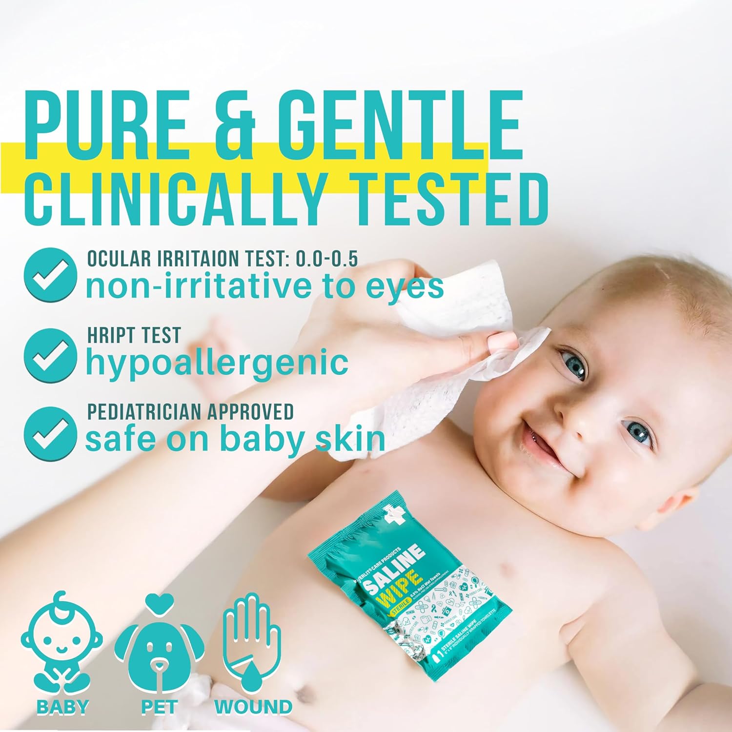 Saline Wipes | 80 Pcs Sterile Wet Towelettes Formulated for Sensitive Skin | Nose, Piercing Aftercare, Baby & Kids | No-sting Alcohol-Free Wipes with Aloe Vera | 6" x 8" Extra Large Sheet