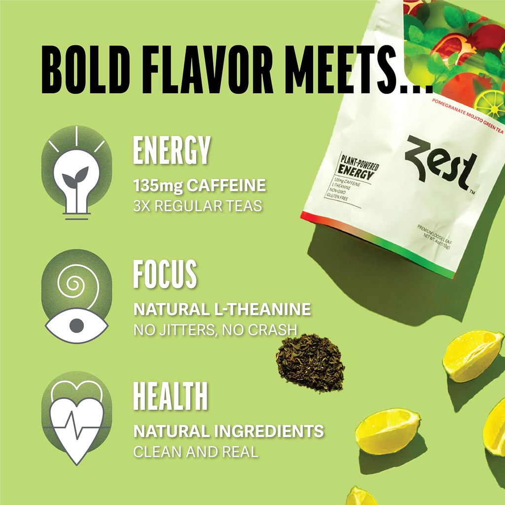 Zest Energy Green Tea - Pomegranate Mojito Loose Leaf Blend - High Caffeine Peppermint - Caffeinated Coffee Substitute - Natural, Non-GMO & Keto Friendly - Hot or Iced - 50 Servings - 135mg Caf
