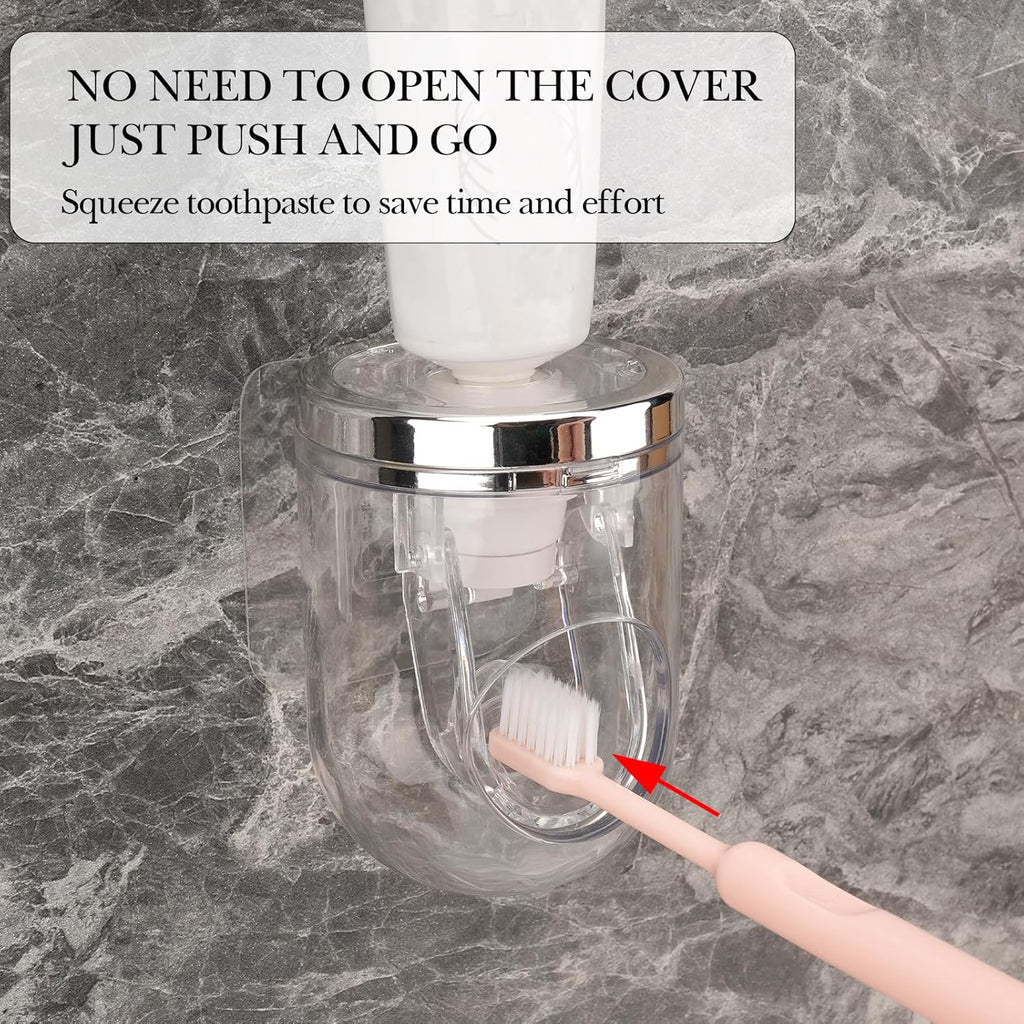 2 Slots Wall Mount Toothbrush Holder with Cover, Self Adhesive Tooth Brush Storage Organizer for Shower Bathrooms, Toothbrush Stand with Automatic Toothpaste Squeezer Dispenser