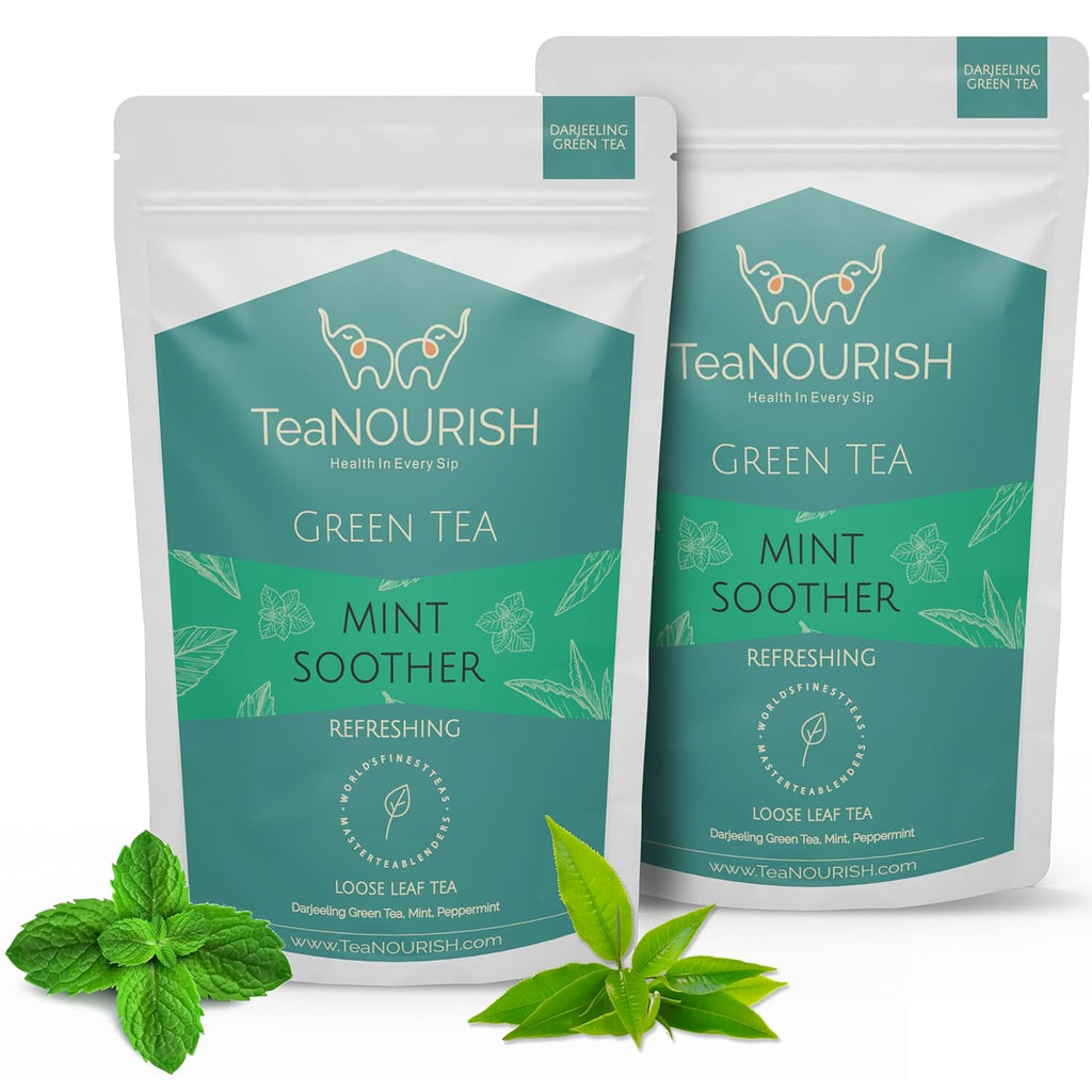TeaNOURISH Mint Soother Green Tea | Darjeeling Loose Leaves | Blended with Fresh Mint & Peppermint Leaves | Refreshing & Calming Tea | 50 Cups - 3.53oz/100g (Pack of 2)