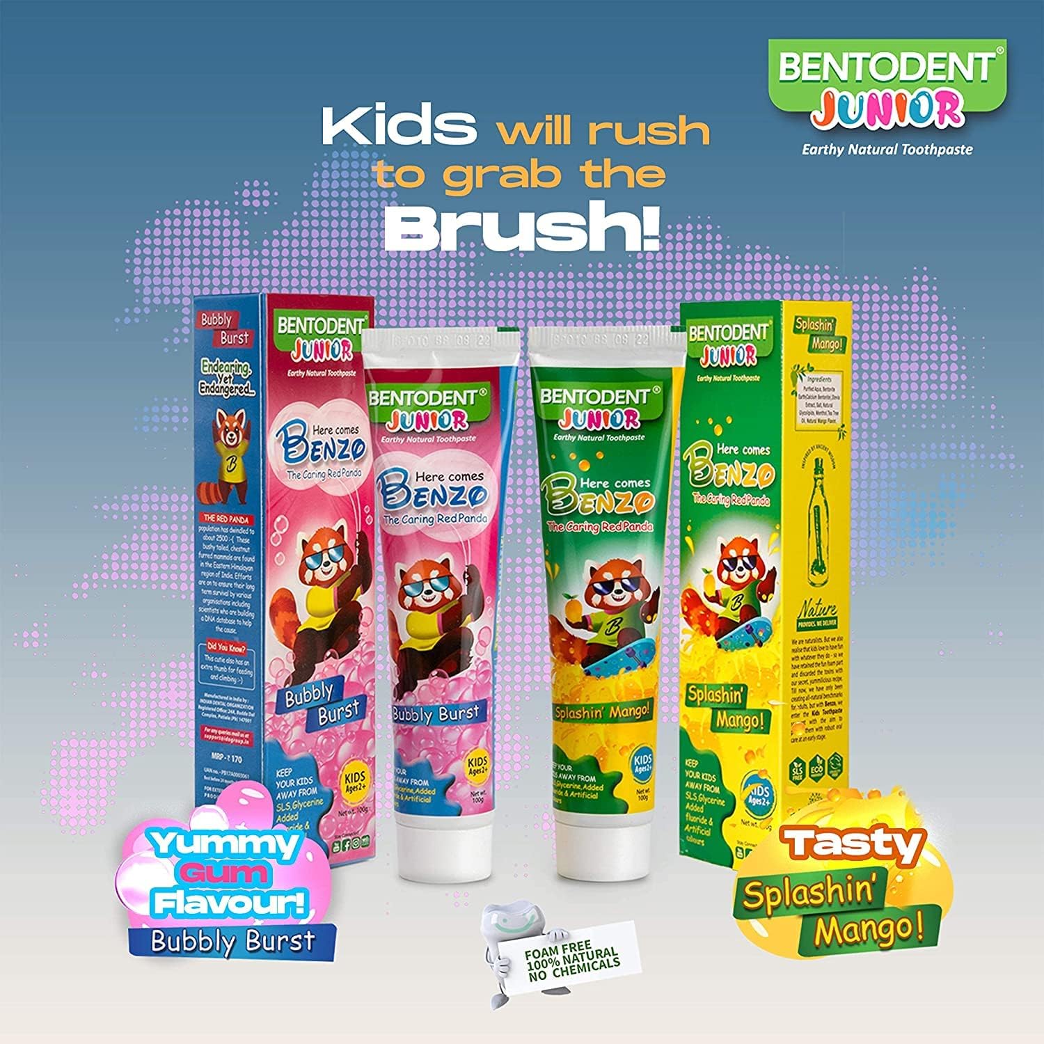 Bentodent Kids Toothpaste - All Natural Kids Toothpaste - Made Safe Certified Kids Toothpaste- No SLS,Veg, Fluoride Free Toothpaste Kids 2+ Age - Fresh Breath, Complete Care(Mango & Bubble Pack)