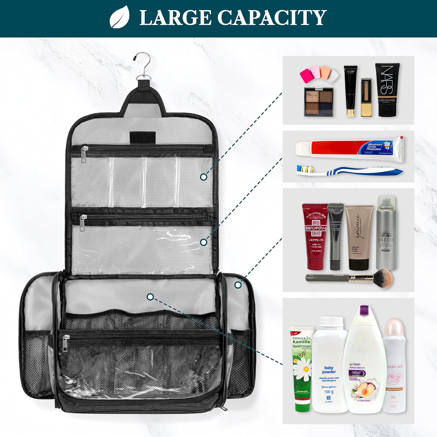 PAVILIA Large Hanging Toiletry Bag Travel Bag Women Men, Cosmetic Organizer, Water Resistant Makeup Bag Accessories Toiletries, Travel Essentials Kit, Black