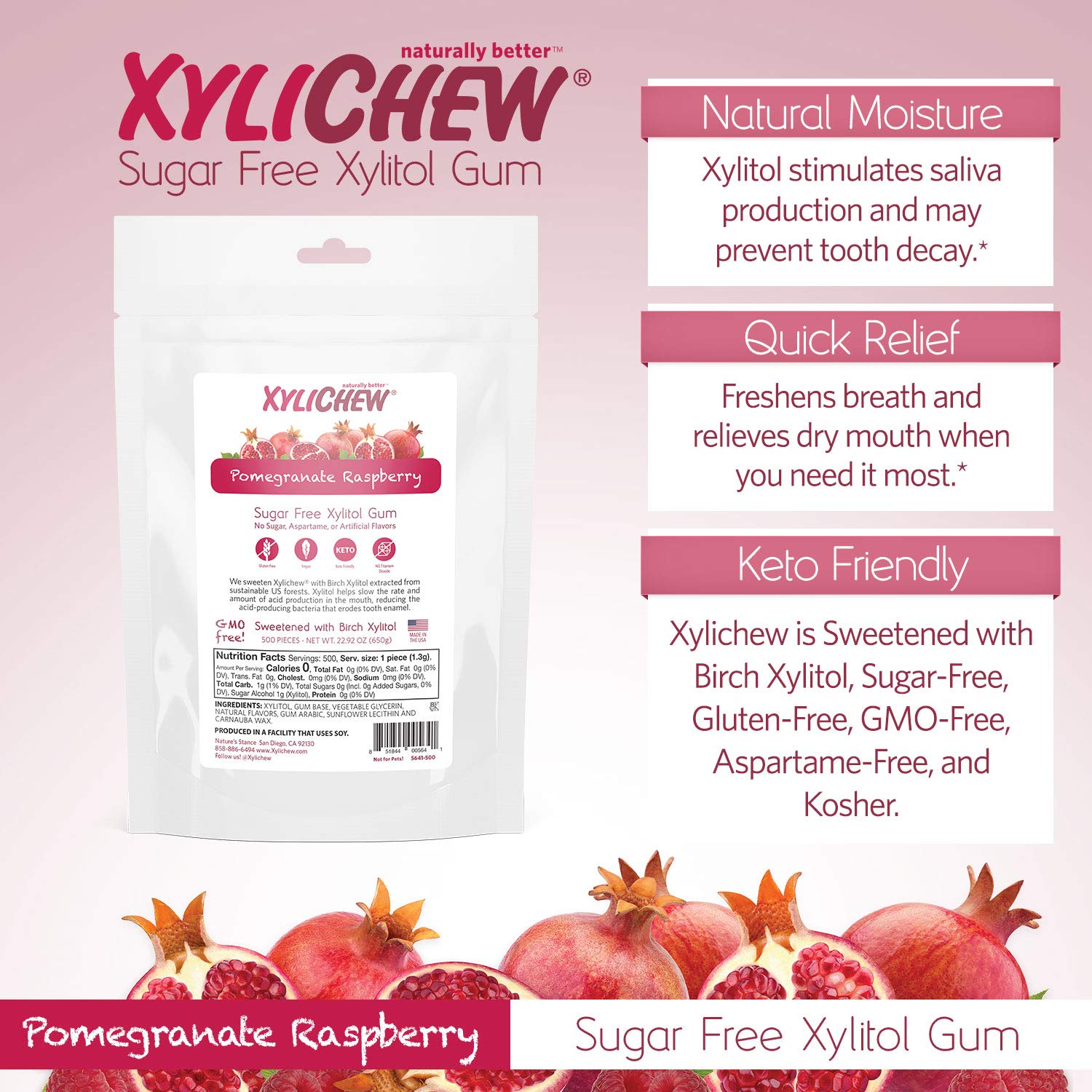 Xylichew 100% Xylitol Chewing Gum - Non GMO, Non Aspartame, Gluten Free, and Sugar Free Gum - Natural Oral Care, Relieves Bad Breath and Dry Mouth - Pomegranate Raspberry, 500 Count