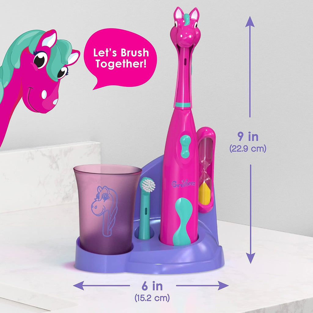 Brusheez Kids’ Electric Toothbrush Set - Safe & Effective for Ages 3+ - Parent Tested & Approved with Gentle Bristles, 2 Brush Heads, Rinse Cup, 2-Minute Timer, & Storage Base (Prancy The Pony)