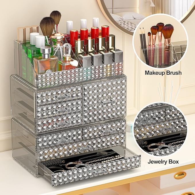3 Pack Makeup Organizer Stackable[Upgraded], Acrylic Cosmetics Storage Cases with 8 Drawers Perfume Organizers For Brush Holder or Jewelry Display,Plus Size,Best For Vanity,Bathroom or Countertop