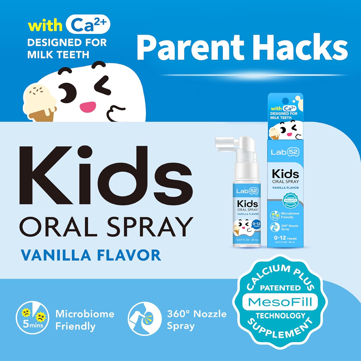 LAB52 Kids Oral Spray, Toddler Toothpaste Helper for Daily Oral Care and Fresh Breath, Children Approved with Fluoride Free for Newborn to Preschoolers, Xylitol Vanilla Flavor