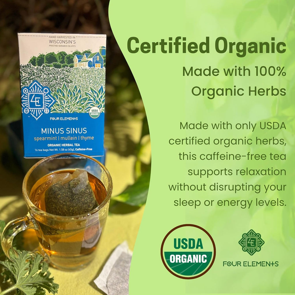 Four Elements Minus Sinus Tea [16 Teabags, 1.2 oz] | Organic Spearmint Tea with Mullein & Thyme | Caffeine Free Herbal Blend with Refreshing Aroma & Comforting Flavor | Enjoy Hot or Iced Latte