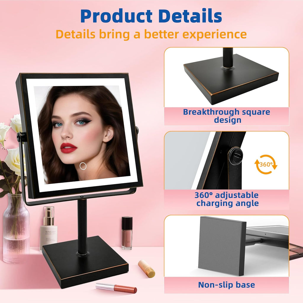 Ruacq Rechargeable Makeup Mirror, 4000mAh Lighted Makeup Mirror with Magnification 1X/10X, Height Adjustable Vanity Mirror with Lights, 3 Color Lights, Adjustable Brightness, (Oil Rubbed Bronze)