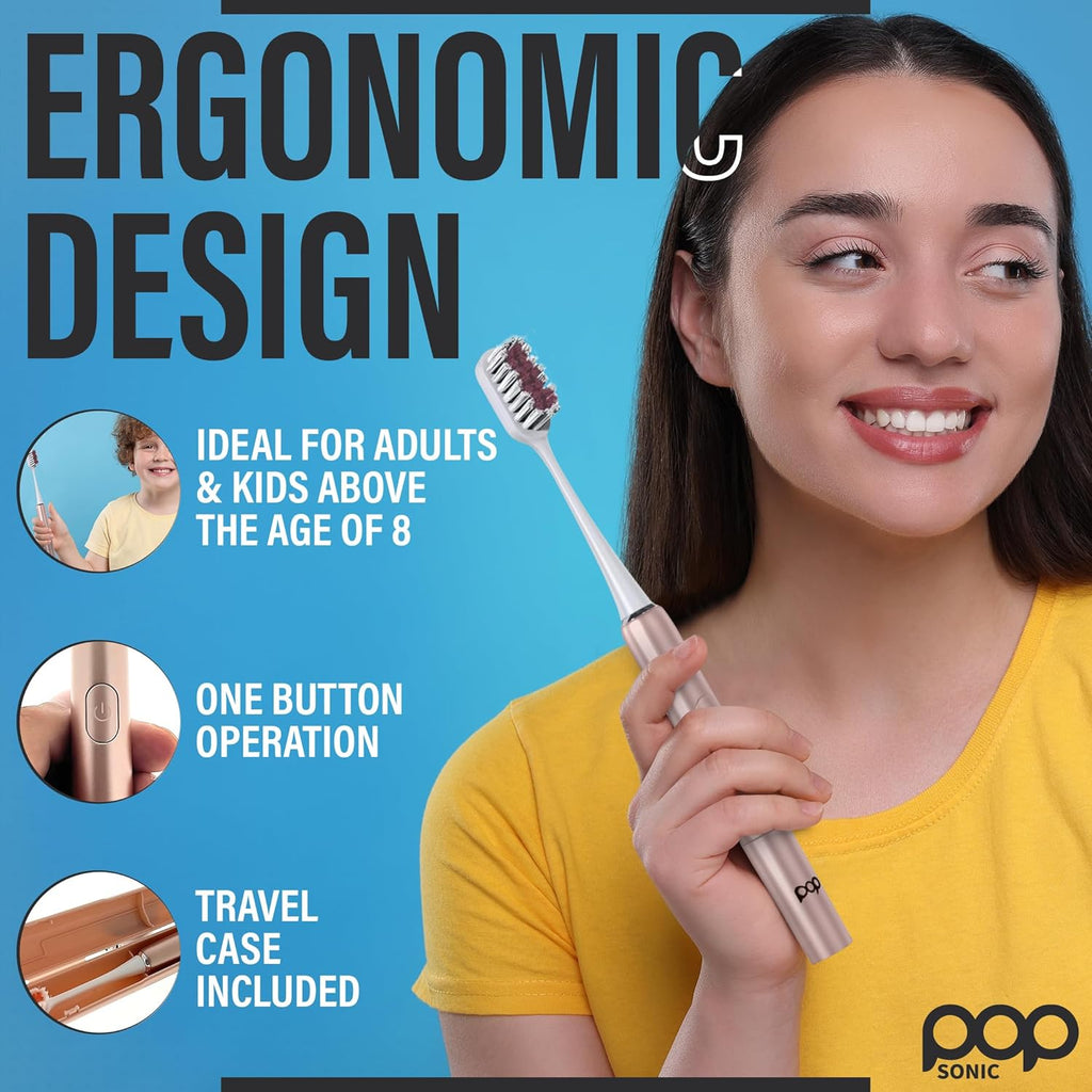 Pop Sonic Go Plus Travel Electric Toothbrush (Rose Gold) | 2 Speeds w/ 18000-24000 Vibrations Per Minute - The Ultimate Set | 8+ Colors to Choose from