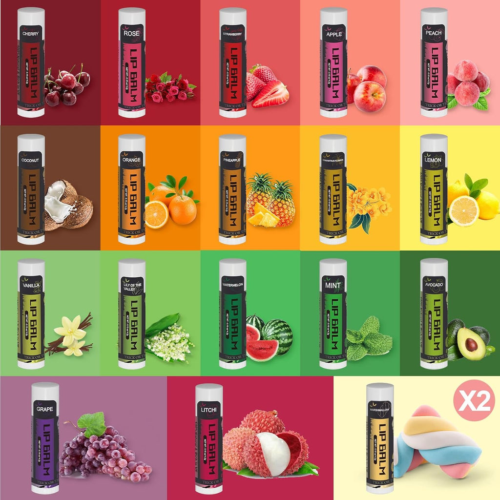 Yopela 19 Pack Halloween Lip Balm Party Favors, Lip Care Set with Vitamin E & Coconut Oil to Moisturize Repair Dry Chap Lips, 18 Flavors,Perfect for Trick-or-Treat Gifts or Goodie Bag Stuffers