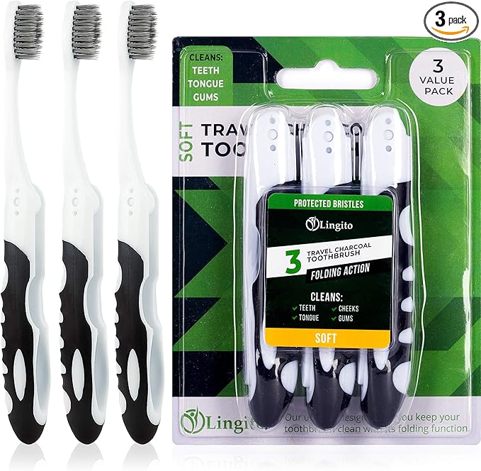 Lingito Folding Toothbrush, Built-in Cover, Travel Size for Hiking, Camping, Traveling, Collapsible Toothbrush Kit (3 Pack Soft-Charcoal)
