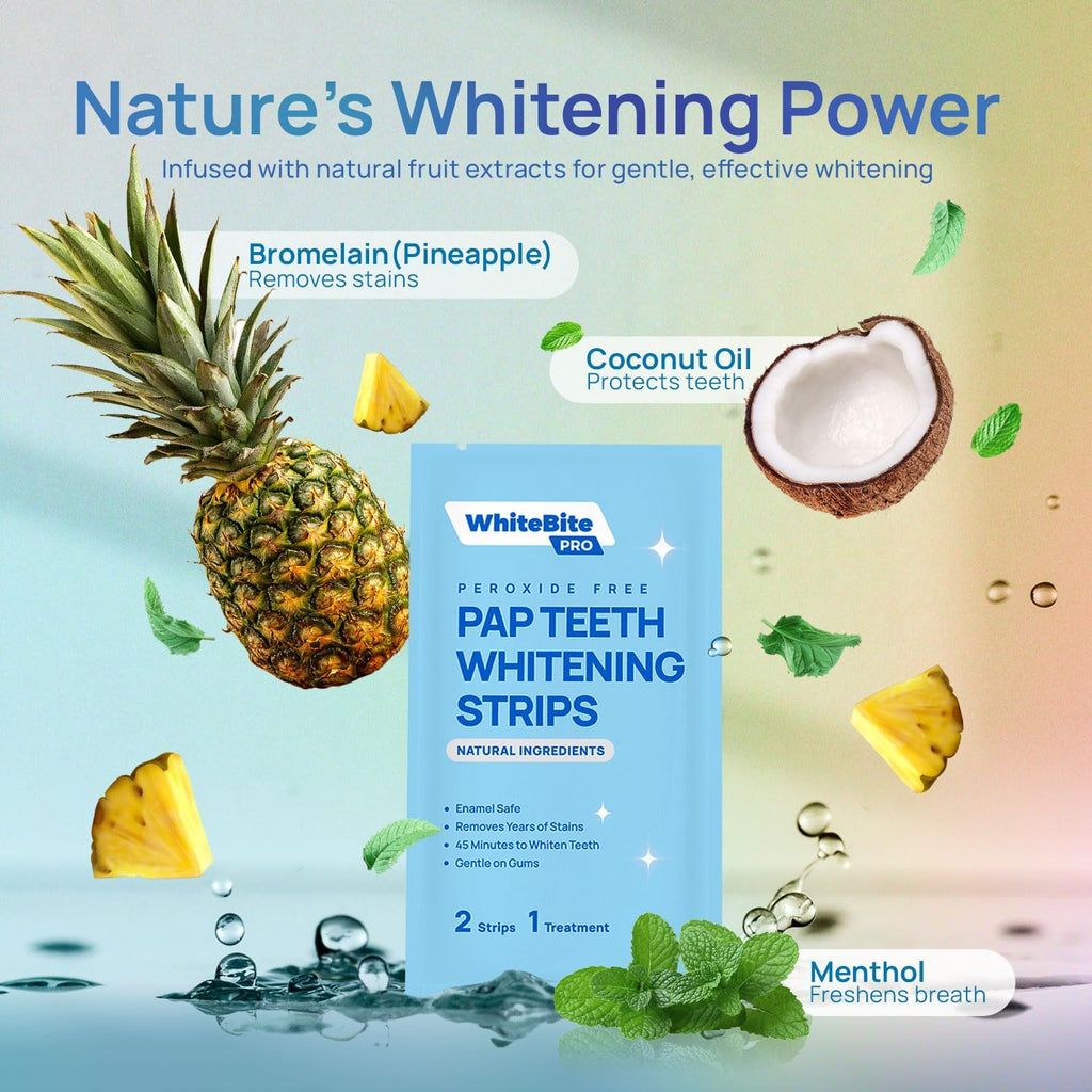 Whitebite Pro Natural Pap Teeth Whitening Strips (14 Treatments / 28 Strips) | Pineapple & Coconut Enzyme Formula | Enamel-Safe, Non-Slip, Gentle for Sensitive Teeth