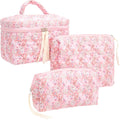 PAZIMIIK 3PCS Makeup Bag SET Large Travel Quilted Zipper Soft Cosmetic Case Pouch for Women Girls Make Up,Pink Flower
