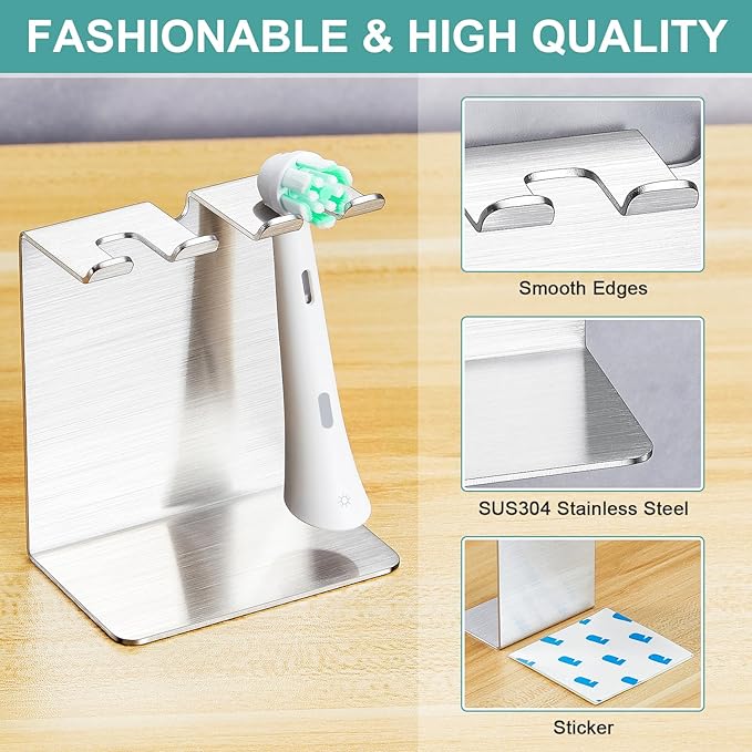 Electric Toothbrush Head Holder, Tooth Brushing Holder, Wall Mounted Toothbrush Holders Shower Bathroom, Self Adhesive or Desktop Tooth Brush Holder Organiser (Silver, Small)