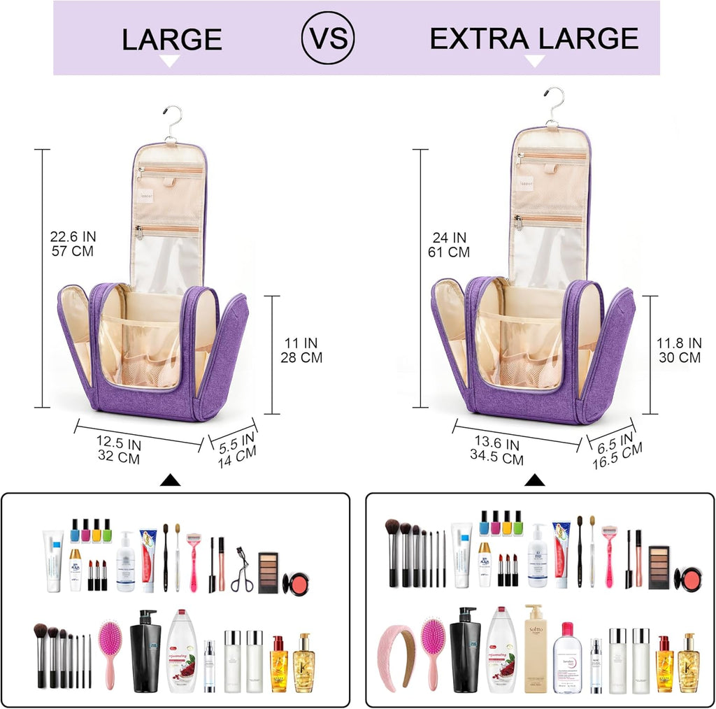 Travel Hanging Toiletry Bag for Women and Men, 6 Organizer Compartments, Holds Full Size Bottles, Extra Large Cosmetic Accessories, Makeup essentials, Bathroom Water-resistant Toiletries Bag, Purple