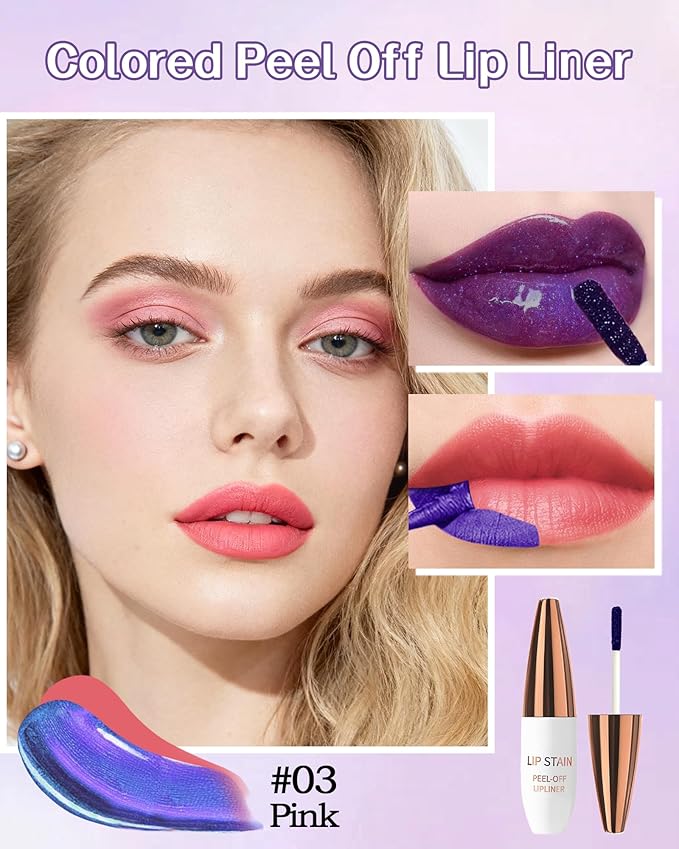 Lip Stain Peel Off, Waterproof Long Lasting Qiciy Tattoo Lip Gloss Color Peel Off Lips Tint Stain, Transfer-Proof Matte Tinted Lips Liner, High Pigmented Tattoo Lipstick Makeup Gifts for Women-03 Pink
