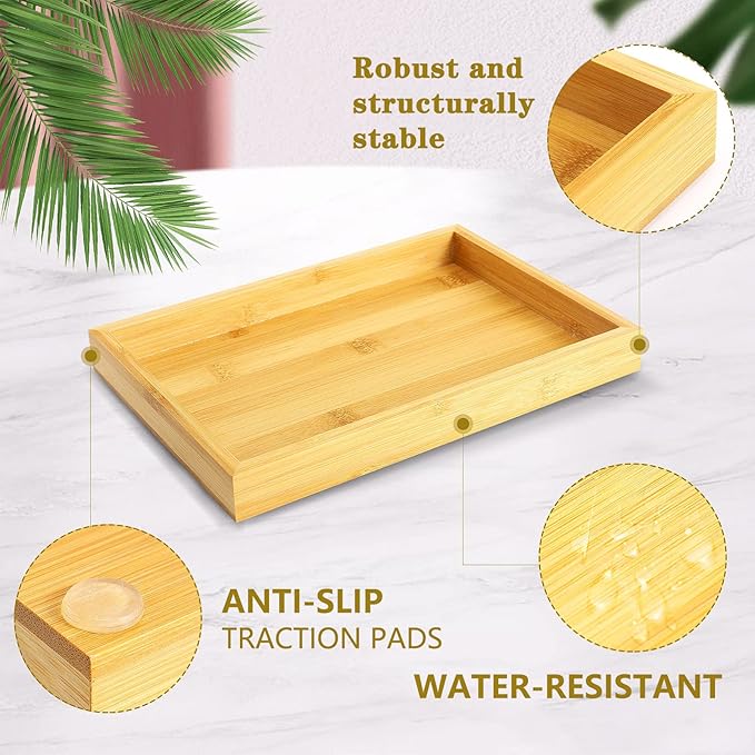 Natural Bamboo Vanity Tray, Sink Tray, Smooth and Thick Wooden Tray for Toilet Tank and Bathroom Counter Top, Kitchen Decor Wood Holder and SPA Home, 11.5x7.6x1.2 inches