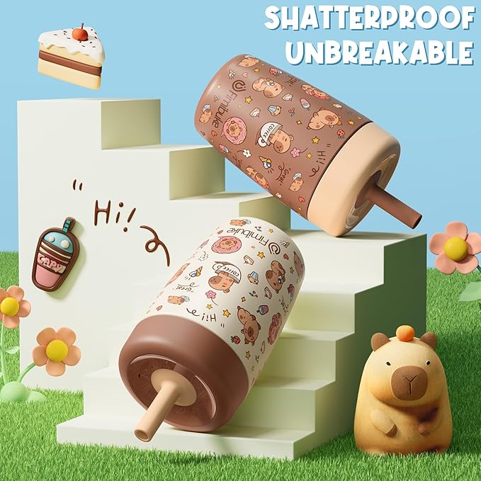 Fimibuke Kids & Toddler Cups Spill Proof, 12 OZ Insulated Sippy Cups for Toddlers Boys Girls, BPA-Free Toddler Straw Tumbler, Stainless Steel Kids Water Bottle with Twist Lids & Silicone Straw, 2 Pack