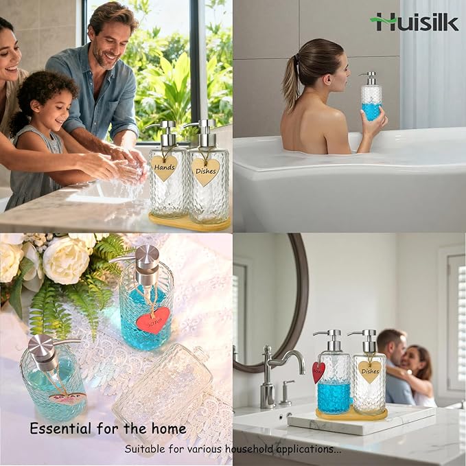 Glass Soap Dispenser Set with Bamboo Tray - 2 Pack 16 Oz Arrow Embossed Refillable Bottles with Silver Rustproof Stainless Steel Pump for Hand Dish in Farmhouse Modern Bathroom Kitchen (Clear)