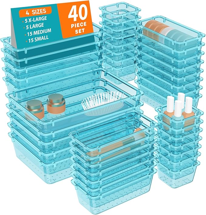 WOWBOX 40 PCS Plastic Drawer Organizer Set, 4 Sizes Desk Drawer Organization and Storage Containers for Makeup, Cosmetics, Jewelry and Gadgets in Kitchen, Bathroom, Bedroom, Office, Clear Sea Blue