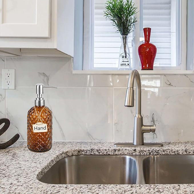 16 oz Diamond Pattern Glass Soap Dispenser, Kitchen and Bathroom Refillable Soap Dispenser with Rust Resistant Stainless Steel Pump for Hand Soap, Lotion Glass Liquid Dispenser(Amber)