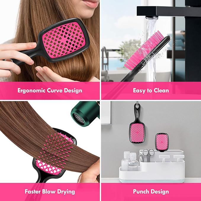 2 Pack Vented Detangling Hair Brush - Detangler Hairbrush with Soft Bristles for Effortless Tangle Free -Ideal for Natural Curly Straight Wet Dry Damaged Hair for Women Men Kids - Magenta