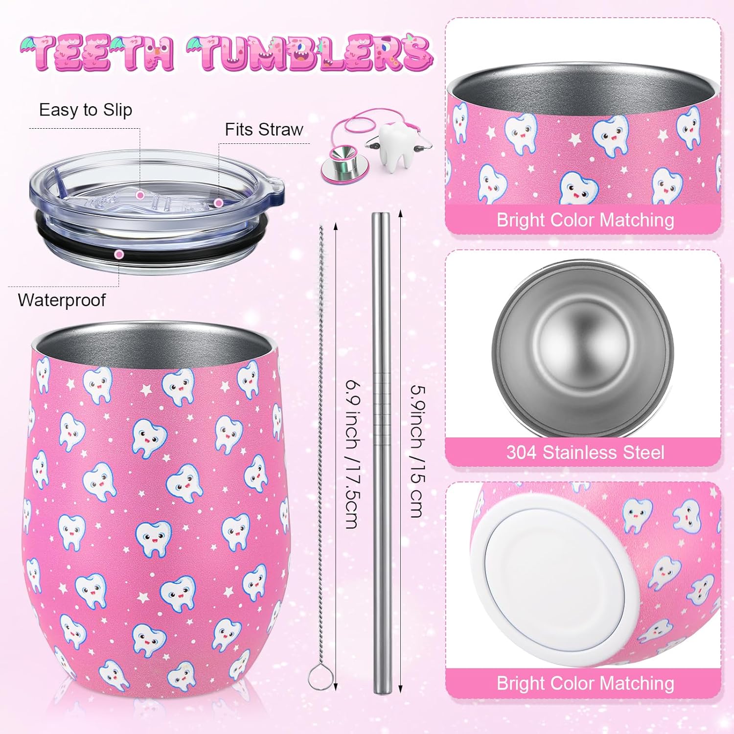 Sliner 4 Pcs Dental Assistant Gifts Set 12 oz Pink Teeth Stainless Steel Tumbler Cosmetic Bag Tooth Shape Keychain Novelty Tooth Sock Dental Hygienist Gifts for Nurse Dentist Christmas Graduation