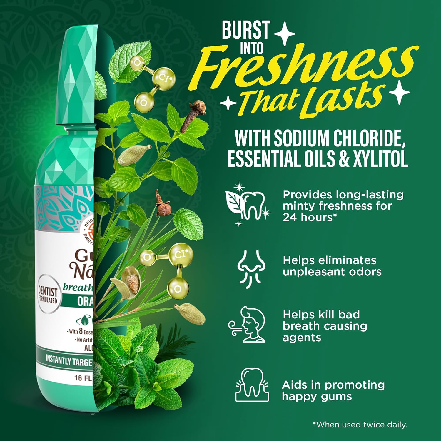 GuruNanda Fresh Breath Mouthwash, ADA-Accepted, Alcohol & Fluoride-Free, Sodium Chlorite, Essential Oils & Vitamins, 12-Hrs Fresh Breath, Wild Mint, 16 oz