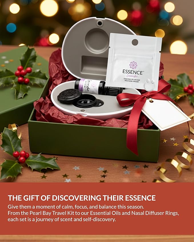 Essence Pearl Travel Case - Wearable Aromatherapy Kit with Nasal Diffuser Rings, Soaking Bay, and 5mL Essential Oil – Portable Wellness Gift Set for On?The?Go Self Care