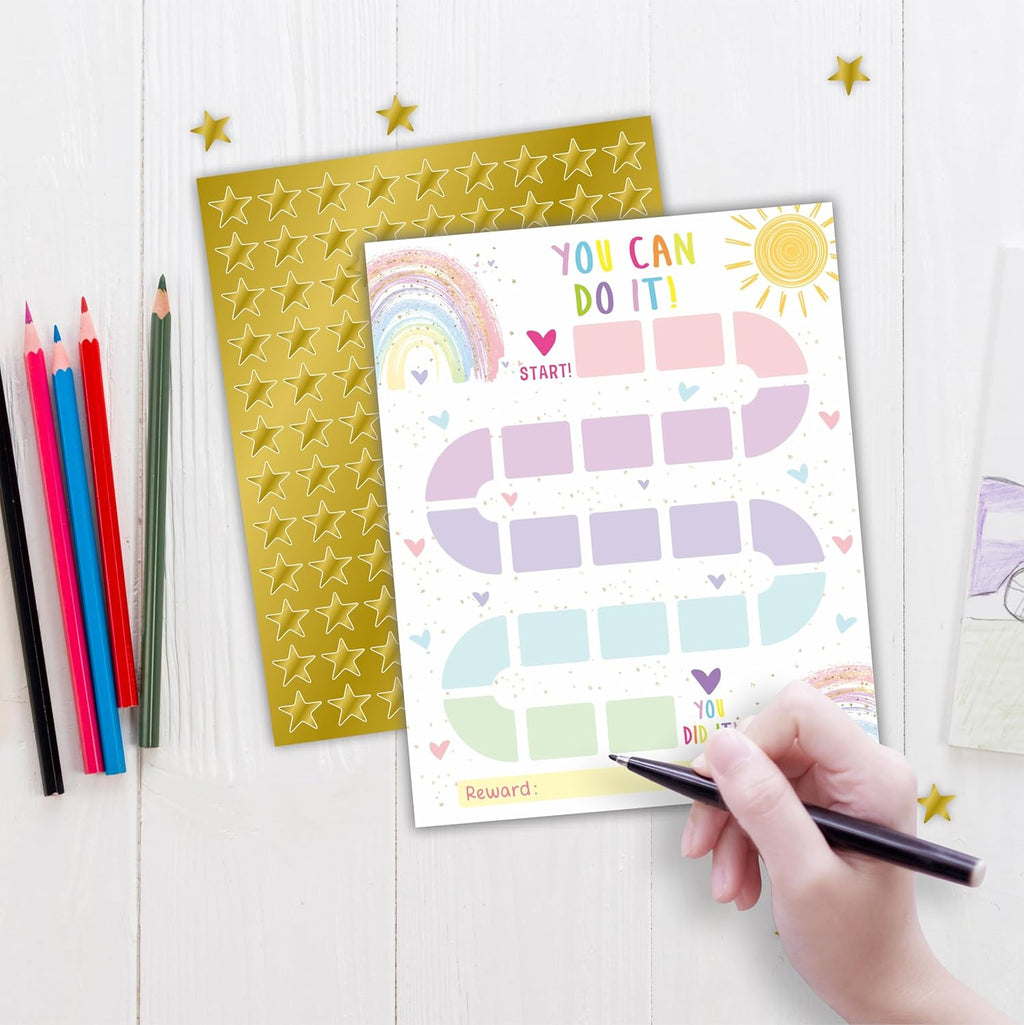 10 Reward Chart with 206 Golden Star Stickers-Boho Rainbow Theme -Incentive Chart,Positive Behavior Reward Chart for Kids,Toddler Homework Assignments, Attendance(8"X10")-A03