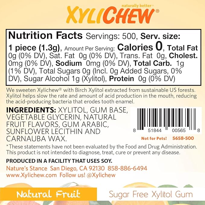 Xylichew 100% Xylitol Chewing Gum - Non GMO, Non Aspartame, Gluten Free, and Sugar Free Gum - Natural Oral Care, Relieves Bad Breath and Dry Mouth - Fruit, 500 Count