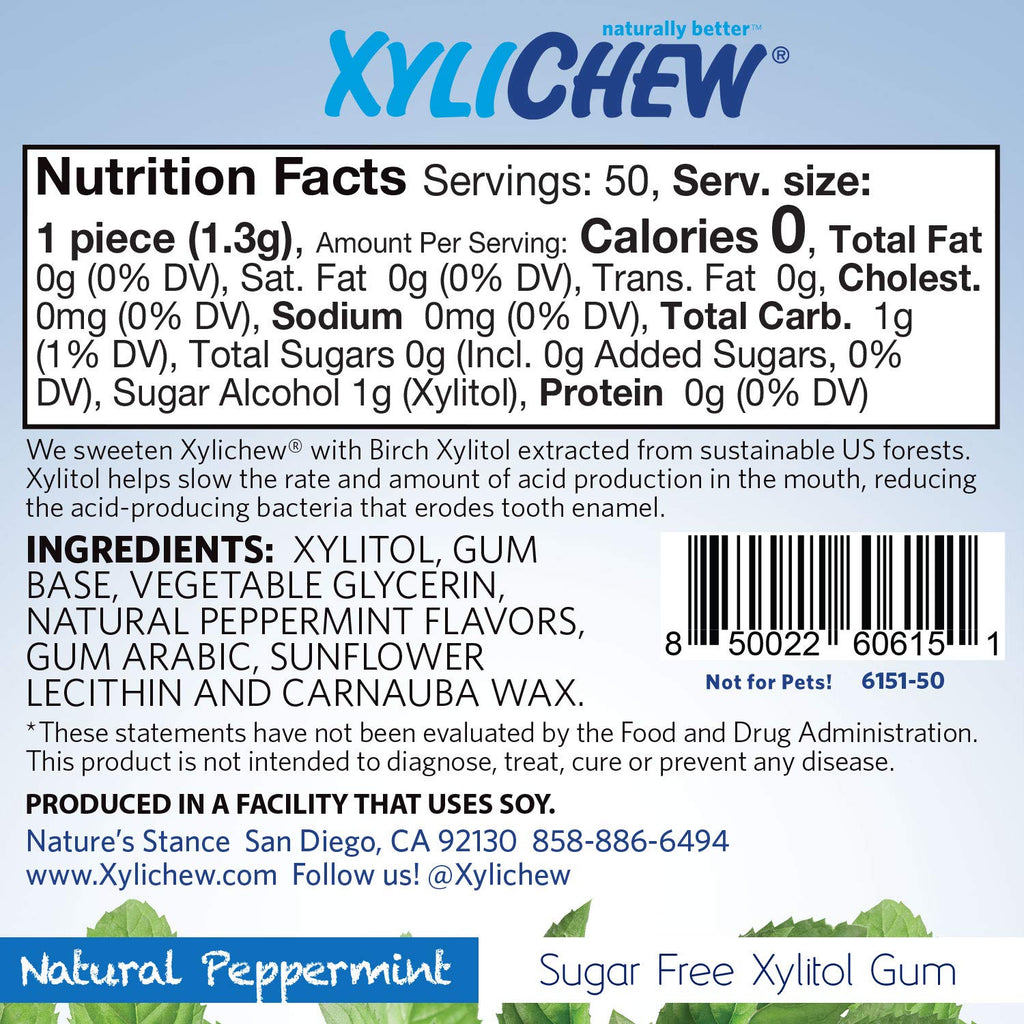 Xylichew 100% Xylitol Chewing Gum - Non GMO, Non Aspartame, Gluten Free, and Sugar Free Gum - Natural Oral Care, Relieves Bad Breath and Dry Mouth - Peppermint, 50 Count