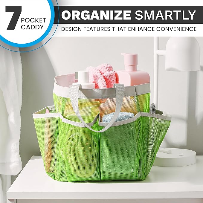 Handy Laundry Mesh Shower Caddy - 7 Pocket Portable Bathroom Organizer Tote for Travel, Gym & Dorm - Collapsible Small Shower Caddy Bag to Hold Toiletries & Essentials (Green)