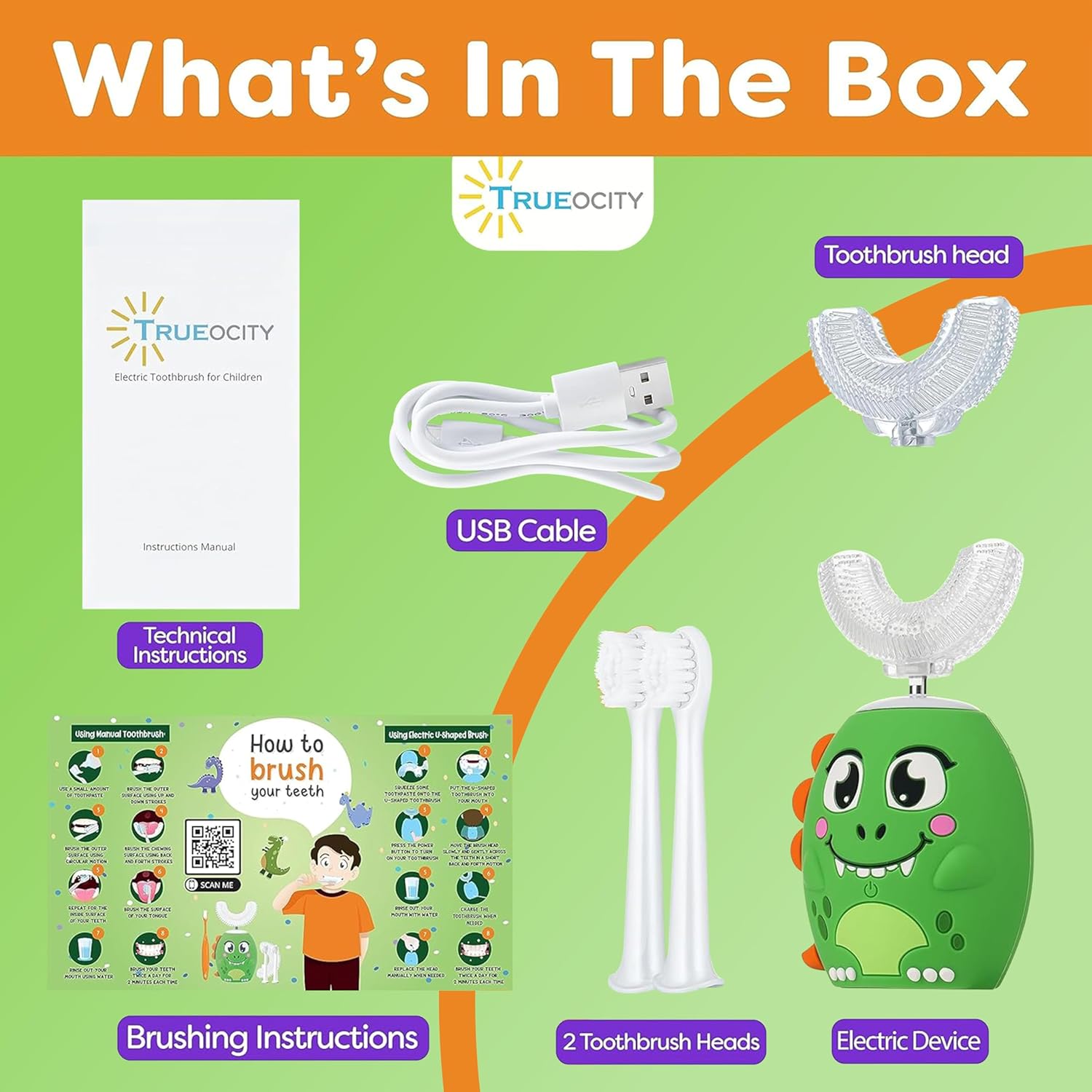 Trueocity Kids U Shape Toothbrush Auto Electric Toddler Rechargeable Kids Automatic Toothbrush | 360° U-Shaped Silicone Brush Head | Gentle Cleaning for Ages 2–7 | Dinosaur Design (Green)