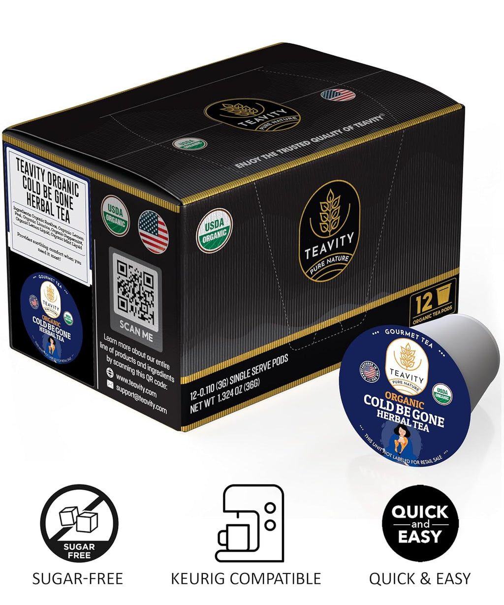 Organic Rooibos Tea Pods for Keurig with Lemon, Mint, Licorice - Unsweetened Decaf Tea for K Cup Brewing - Cold- Be-Gone by Teavity (24 Tea Pods)