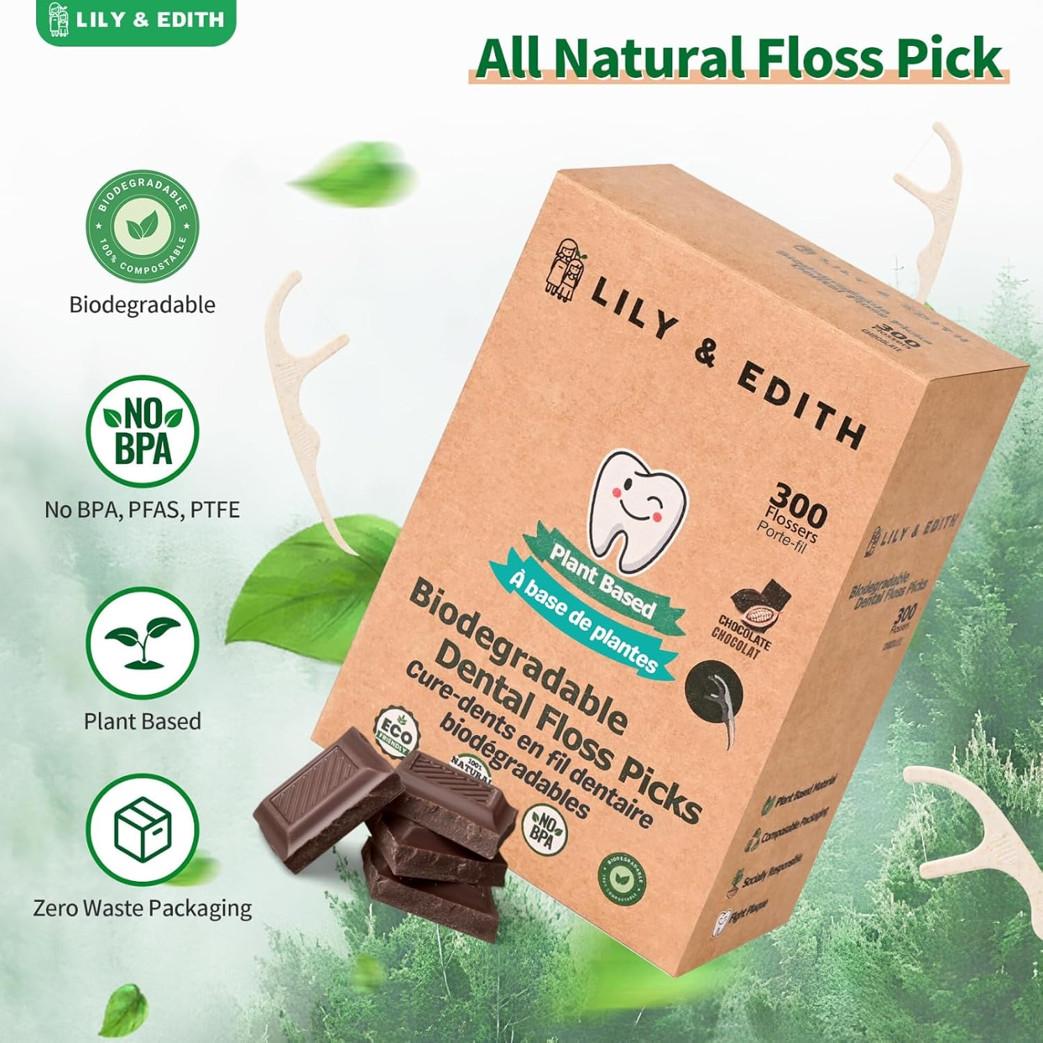 LILY & EDITH Biodegradable Dental Floss Picks Adults and Kids 300 Counts, Fluoride-Free, Plant Based Straw Wheat Material, Zero Waste Package, Shred Resistant (Mint)