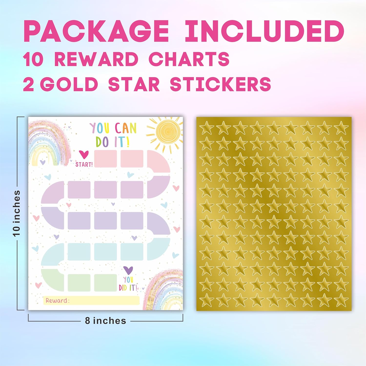 10 Reward Chart with 206 Golden Star Stickers-Boho Rainbow Theme -Incentive Chart,Positive Behavior Reward Chart for Kids,Toddler Homework Assignments, Attendance(8"X10")-A03