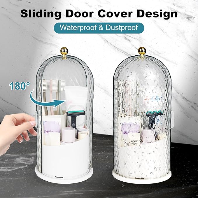 Toothbrush Holders with Sliding Lid, Rotating 3 Slots Bathroom Organizer Countertop, Tooth Brush Toothpaste Holder Bathroom Counter Stand Caddy for Vanity Makeup Brushes Holder (White)