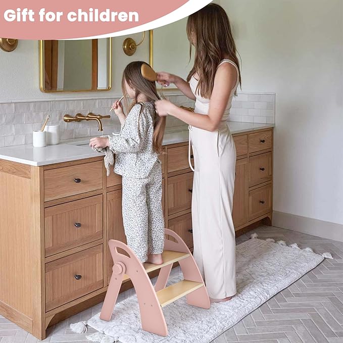 Wooden Step Stool, Two Step Stools, 300 lb. Load Capacity, with Safety Non-Slip Pads and Handles, Bamboo Step Stool for Bathroom and Kitchen, Children's Double Height Step Stools(Pink)