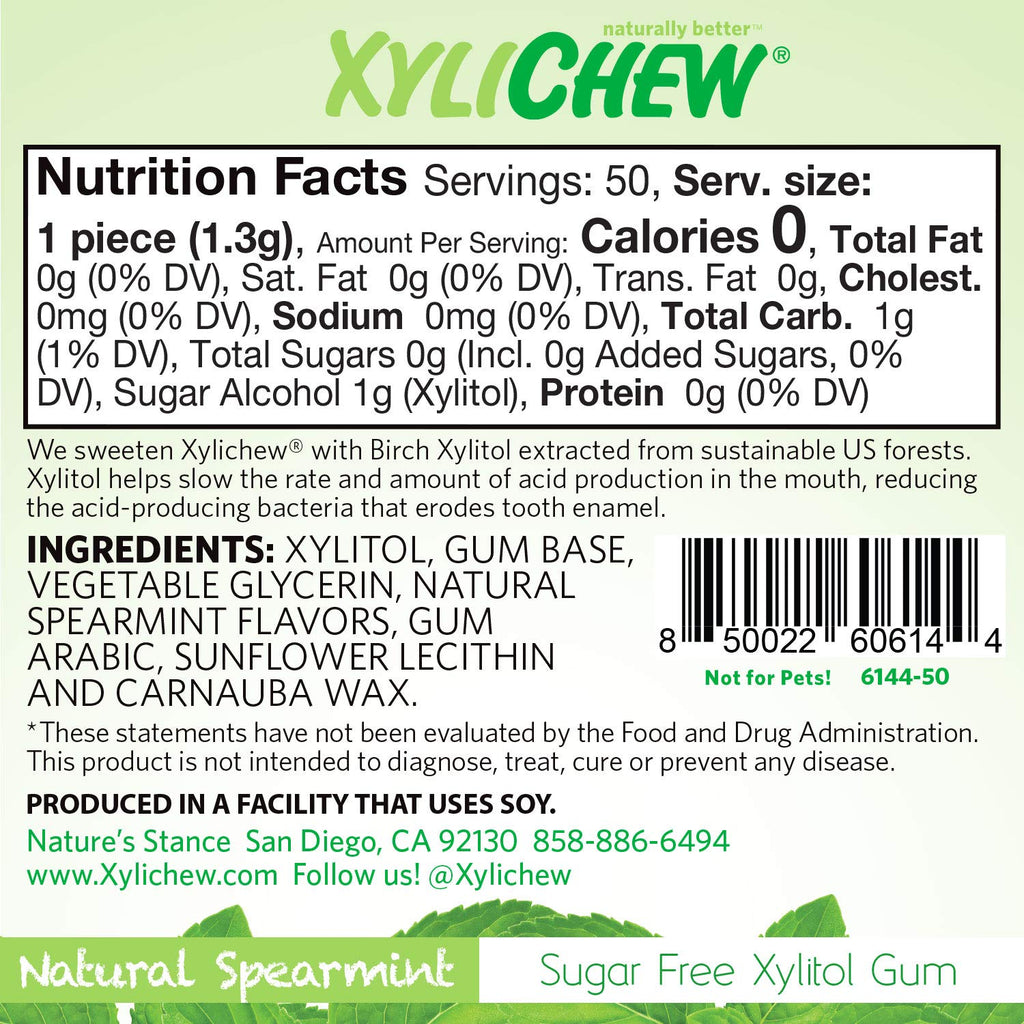 Xylichew 100% Xylitol Chewing Gum - Non GMO, Non Aspartame, Gluten Free, and Sugar Free Gum - Natural Oral Care, Relieves Bad Breath and Dry Mouth - Spearmint, 50 Count