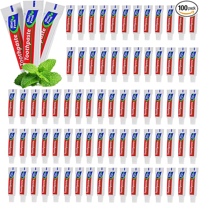 100 Tubes Extra Small Travel Size Toothpast Bulk,Mini 0.176 oz/5 Grams Small Disposable Toothpaste Mint Single Use Mini Bulk Toothpaste Travel Size for Hotel,Camping,Homeless,Charity,Guests